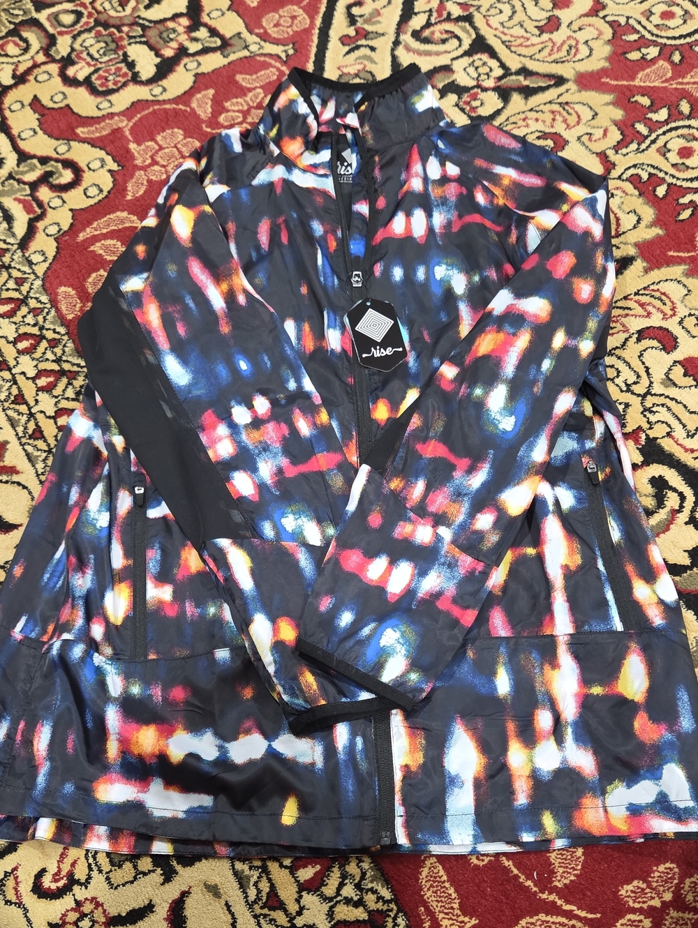 LuLaRoe Utility Jacket in Black with Red, Blue, Yellow & White Abstract Print